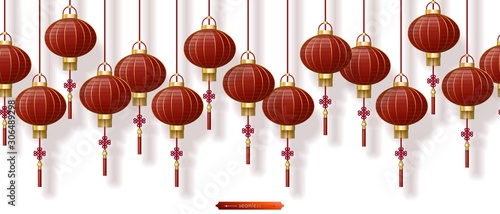 Chinese traditional red lanterns with falling shadows for festive New Year design and advertising, vector seamless border isolated on white background, paper cut style
