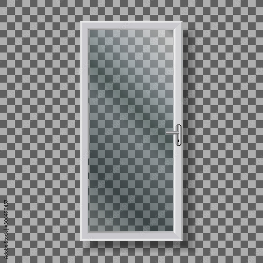 Fototapeta premium Glass Door With Handle And White Frame Vector. Transparency Door With Metal Chrome Doorhandle Entrance On Balcony Or Porch. Stylish Exterior Element Template Realistic 3d Illustration