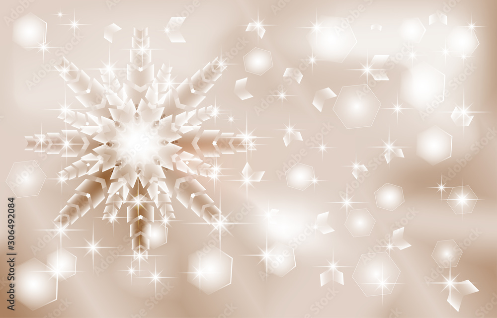 Large volumetric snowflakes and luminous geometric shapes on an shimmering colorful background, pastel colors