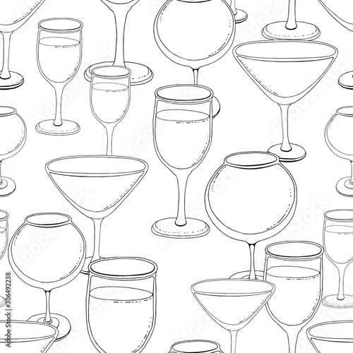 Hand-drawn sketch of wine glass. Seamless glassware background. Glassware pattern. Black and white style. Vintage.