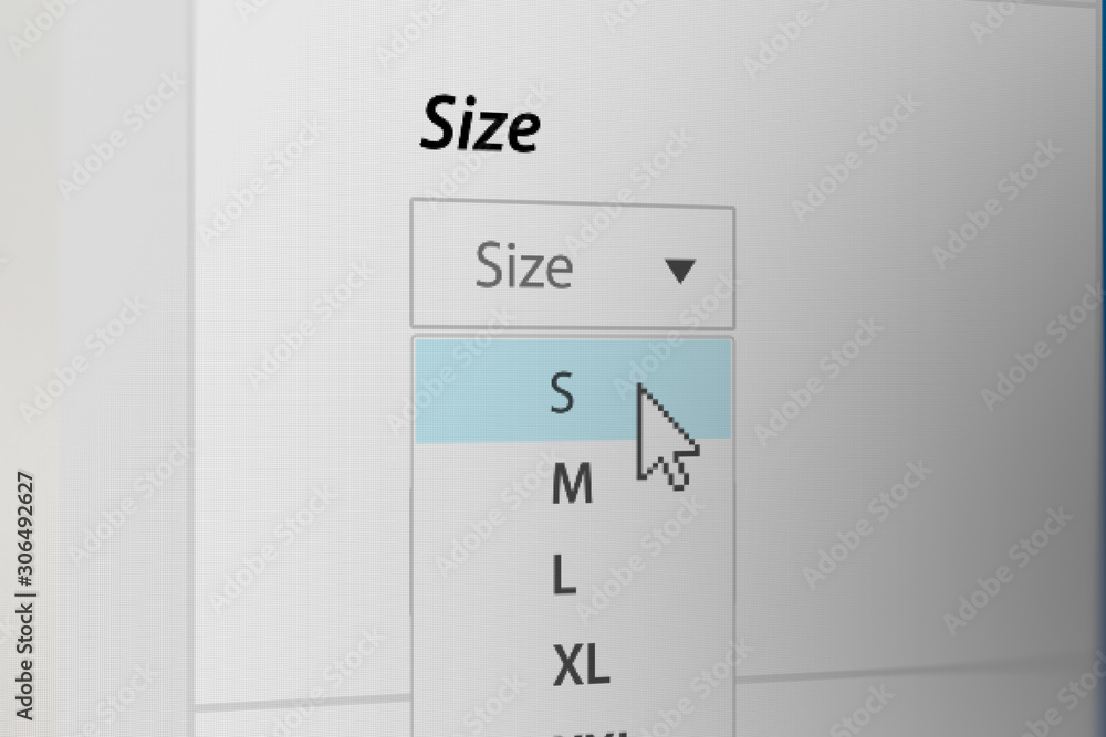Mouse Cursor Choosing Clothing Size Drop-down List (S,M,L,XL) on Online Shopping Site Mouse Cursor Choosing Clothing Size Drop-down List (S,M,L,XL) on Online Shopping Site