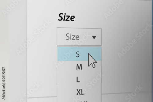 Mouse Cursor Choosing Clothing Size Drop-down List (S,M,L,XL) on Online Shopping Site 