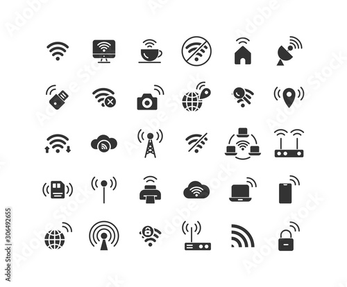 Wireless Network solid icon set. Vector and Illustration.