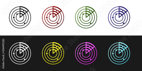 Set Radar with targets on monitor in searching icon isolated on black and white background. Military search system. Navy sonar. Vector Illustration