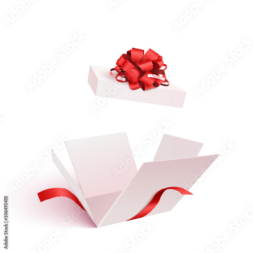 Open gift box with bow isolated. 3d vector illustration.