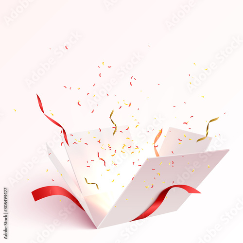 Open gift box with confetti burst explosion isolated. 3d vector background.