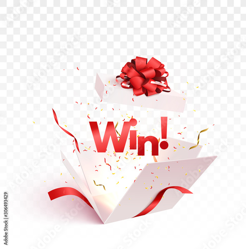 Open gift box with confetti burst explosion isolated. Winner 3d vector background. 