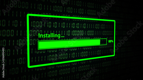 Installing With Progress Bar, Closeup Process of Installing Program on Abstract Binary Code Background.  