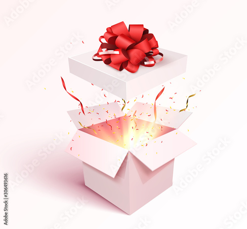 Open gift box with confetti burst explosion isolated. 3d vector background