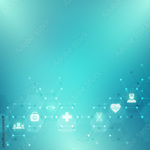 Abstract medical background with flat icons and symbols. Template design with concept and idea for healthcare technology, innovation medicine, health, science and research.