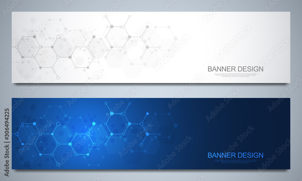 Banners design template and headers for site with molecular structures. Abstract vector background. Science, medicine and innovation technology concept. Decoration website and other ideas.