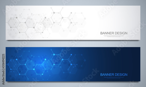Banners design template and headers for site with molecular structures. Abstract vector background. Science, medicine and innovation technology concept. Decoration website and other ideas. photo