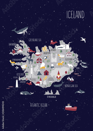 Cartoon map of Iceland, Nordic country geographic wallpaper, Icelandic landmarks, animals, food national symbols, vector cute illustration decorative poster, flat style for travel design kids