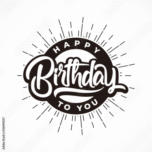 Happy birthday lettering with badge and sunburst illustrations vector