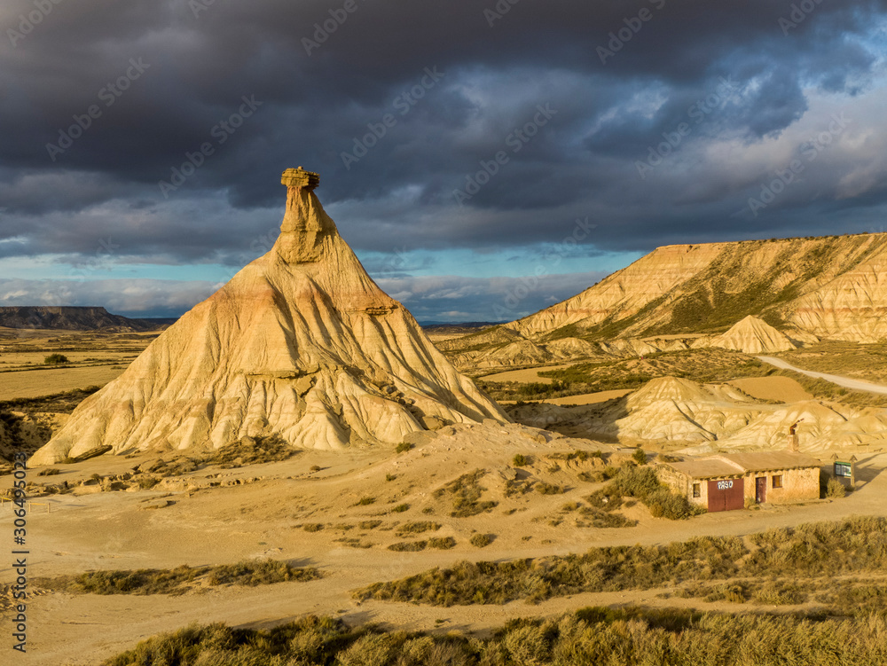 Cabezo de Castildetierra sandstone formation in Bardenas Reales semi-desert natural region in Spain