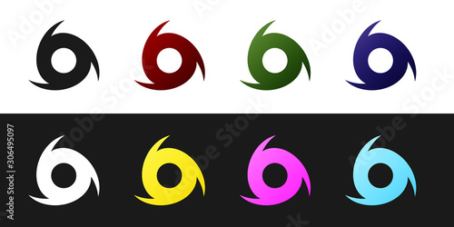 Set Tornado icon isolated on black and white background. Cyclone, whirlwind, storm funnel, hurricane wind or twister weather icon. Vector Illustration