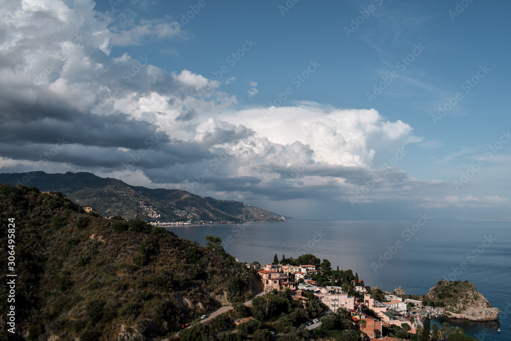 View over the mountains and sea in Sicily, Italy