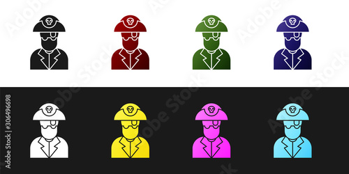 Set Pirate captain icon isolated on black and white background. Vector Illustration