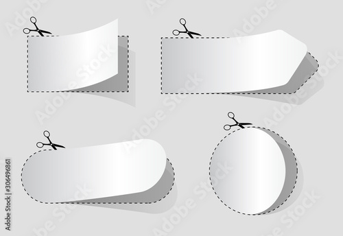 Cut with scissors in a dashed line. Cutout border with curl corner for paper sticker, tag, banner. Cutout line icon for sale, discount, promotion. Cutoff rectangle frame and circle of voucher.vector