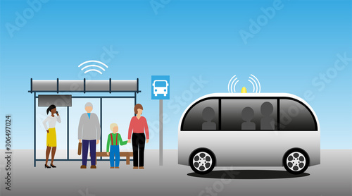 Self-driving, autonomous shuttle bus and bus stop for public transports. Enabled by 5G technology.