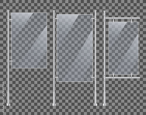Acrylic glass stand mockup for advertising. Blank display board with reflection. Design vertical metal stand. 3d poster with holder on isolated background. Silver vertical table screen. vector