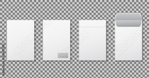 Vertical envelope A4 mockup. Template paper letter, folder. White blank letter envelopes C4, a3, a5 size. Open vertical, closed envelope mockup for mail. Set paper envelope front, back side. vector