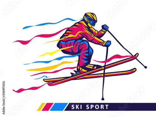 colorful ski sport illustration with skier motion