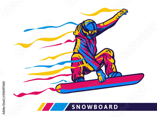 colorful snowboard sport illustration with snowboarder motion