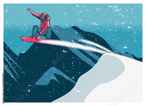 snowboarder flying on the snow with mountain background vintage poster template