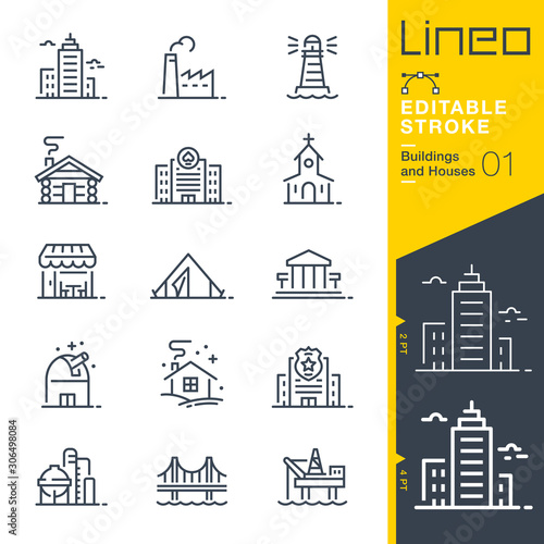 Fototapete Lineo Editable Stroke - Buildings and Houses outline icons