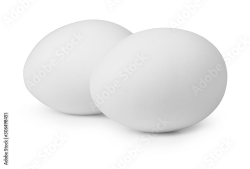 Two white eggs isolated on white background.Entire image in sharpness.