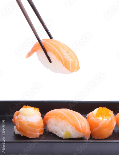 Fresh salmon sushi isolated on white background