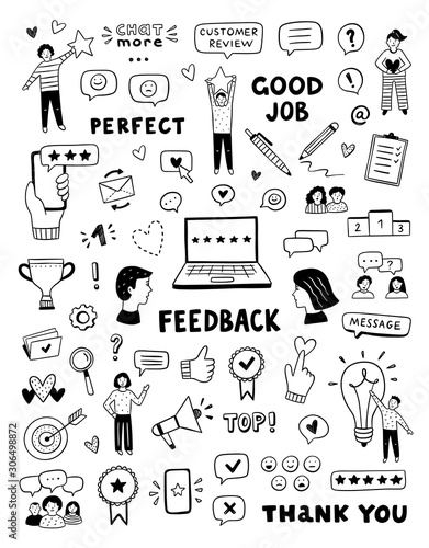 Feedback vector icons and symbols. Hand drawn customer care service concept. Cute doodles for business, review and advices