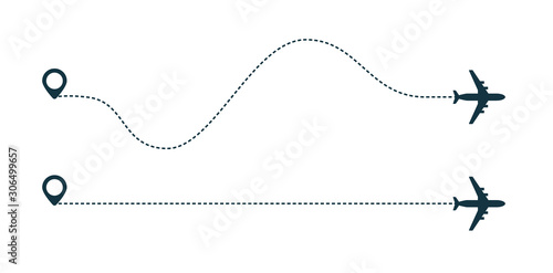 Airplane silhouette icon with dotted line path.