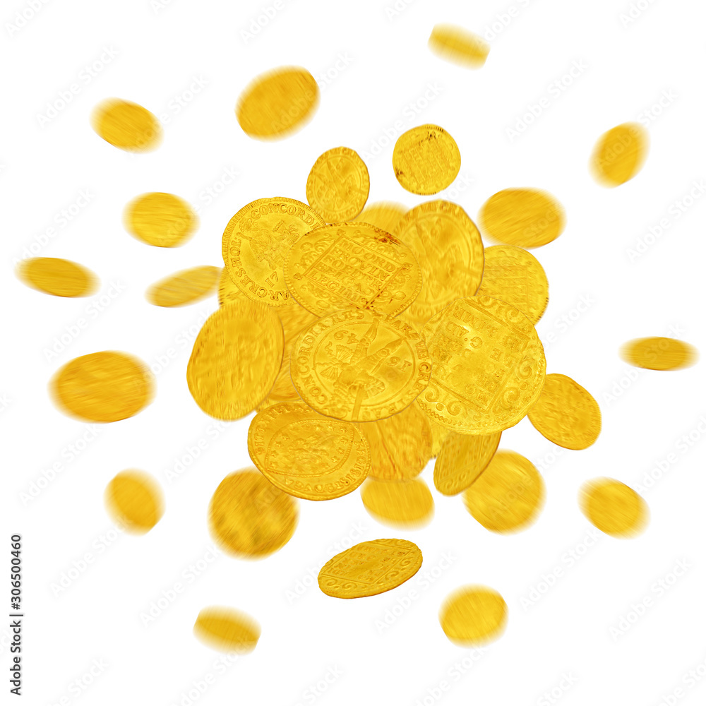 Falling and flying old gold coins isolated on white Falling and flying old gold coins isolated on white