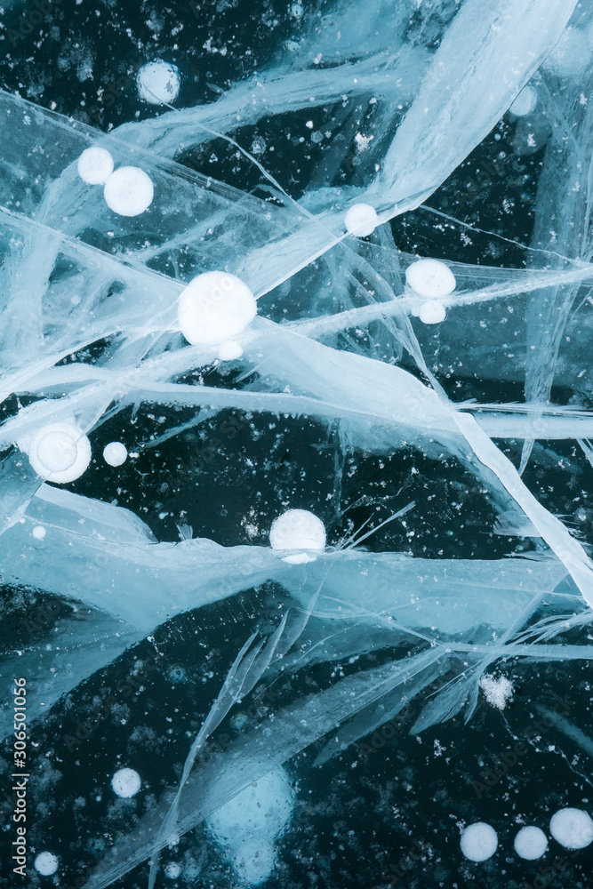 Ice bubbles and lines on the ice of Baikal