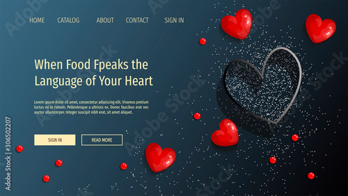 Web page design with shape, cookie hearts, flour. Valentine's Day, Romance, 14 February, Cooking, Recipe concept. Vector illustration for banner, poster, menu, flyer, advertising.