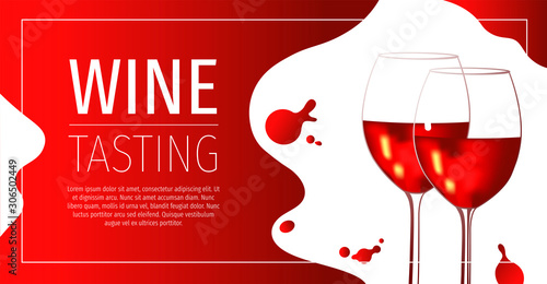 Invitation design for Wine tasting, party, Romance, Wine store or bar, Winery. Two glasses with beverage and spilled red wine. Vector illustration for banner, invitation, poster, flyer.