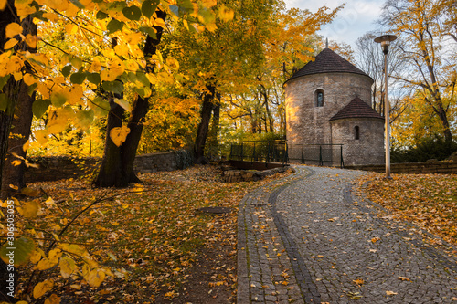 Saint Nicholas Rotunda chapel in Cieszyn, Silesia, Poland during colorful fall photo