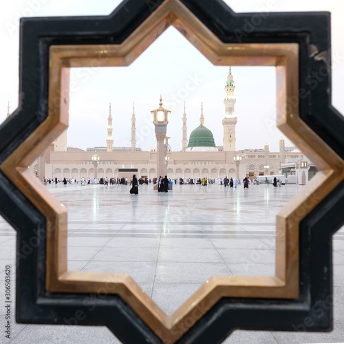 Muslim pilgrims visiting the beautiful Nabawi Mosque, The view of the retractable roof An Nabawi Mosque.