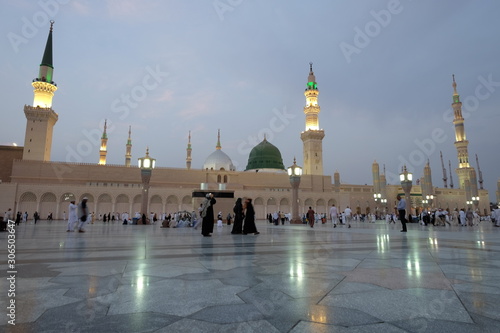 Muslim pilgrims visiting the beautiful Nabawi Mosque, The view of the retractable roof An Nabawi Mosque.