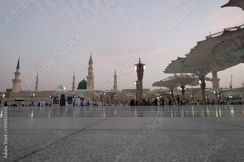 Muslim pilgrims visiting the beautiful Nabawi Mosque, The view of the retractable roof An Nabawi Mosque.