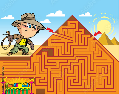 In the vector illustration, a maze puzzle where the boy needs to get to the tomb of the pharaoh