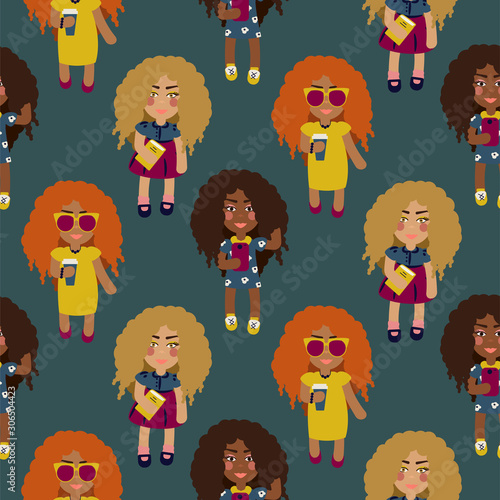 Cute fashion girls seamless vector pattern. Teenager women crowd blue texture.