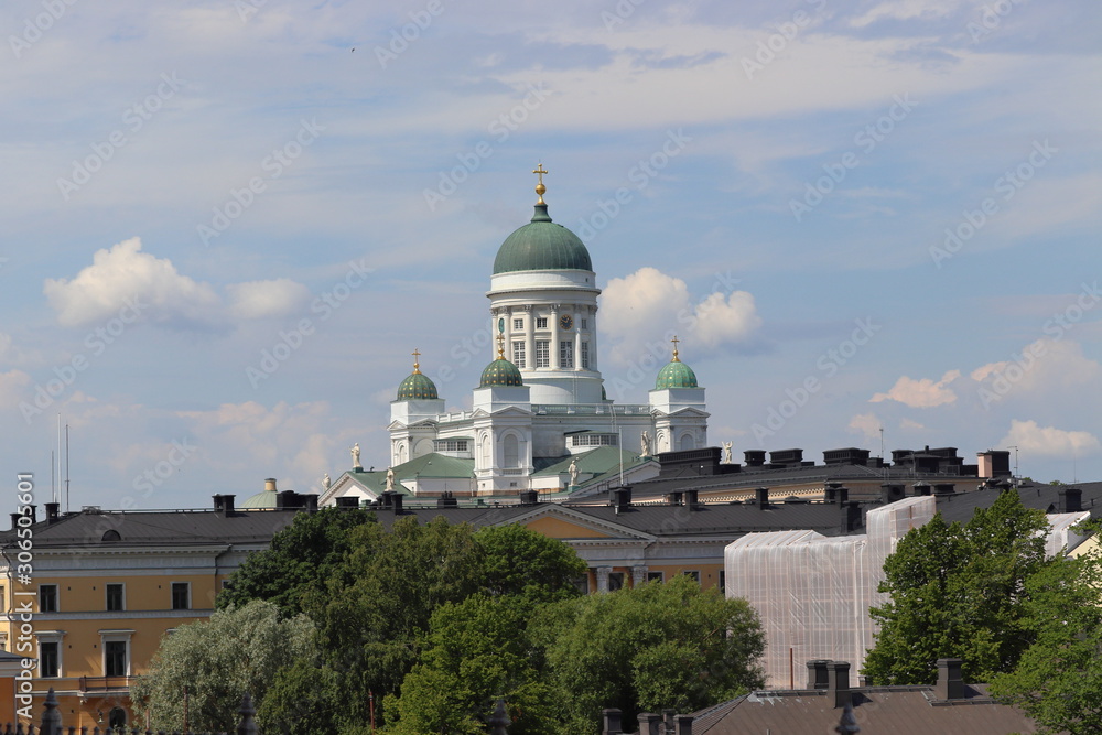 View to cathedral in Helsinki in Finland on holiday. Travelling with cruise ship in summer.