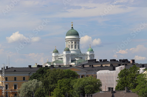 View to cathedral in Helsinki in Finland on holiday. Travelling with cruise ship in summer.