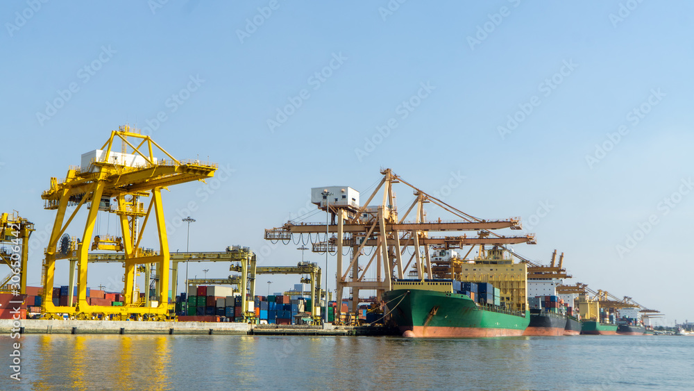Oversea port with container and ship loading crane