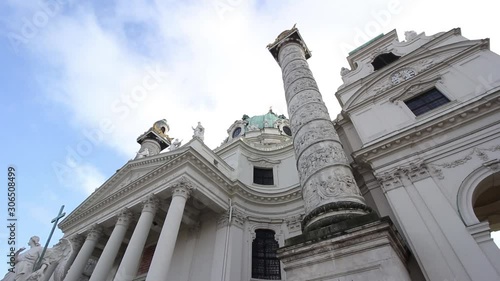 VIENNA, AUSTRIA. Exterior shot of St. Charles's Church (Karlskirche), a baroque church located on the south side of Karlsplatz in Vienna, Austria.