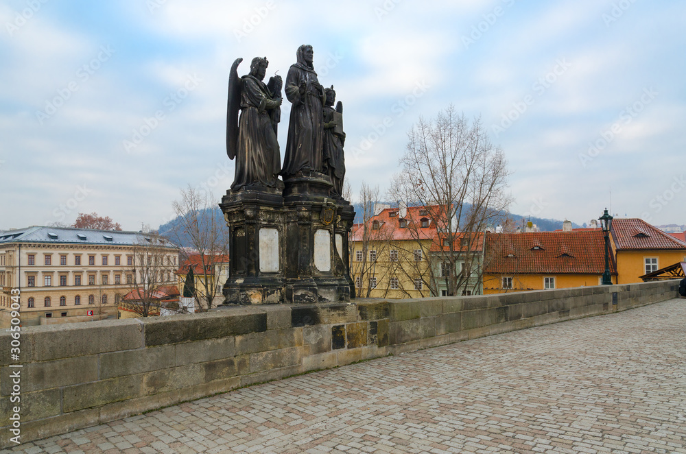 Sculptural compositions of Charles Bridge, Prague, Czech Republic. St. Francis of Assisi, Catholic monk and preacher, founder of Order of Franciscans