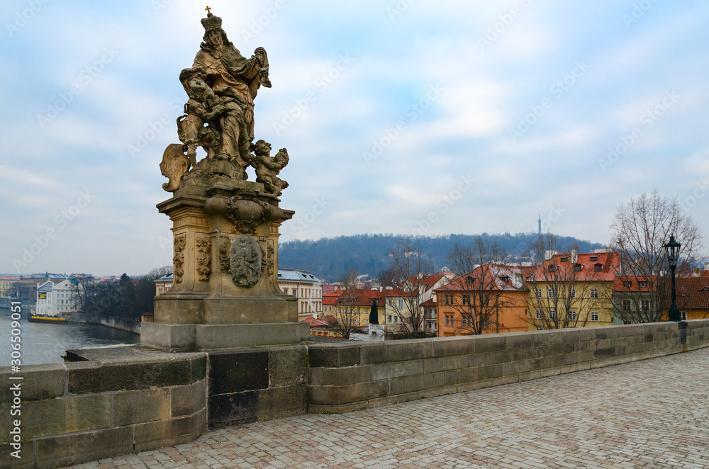 Sculptural compositions of Charles Bridge, Prague, Czech Republic. Saint Ludmila, Czech princess, first martyr and first patroness of Czech Republic